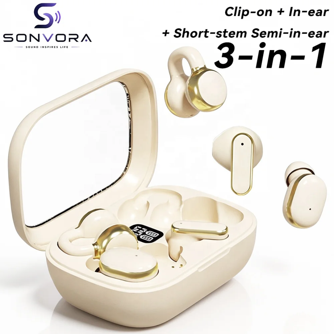 3-in-1 Wireless Bluetooth Earbuds – Clip-On, In-Ear & Semi-In-Ear سماعات أذن لاسلكية بلوتوث 3 في 1 – تصميم متعدد الاستخدامات