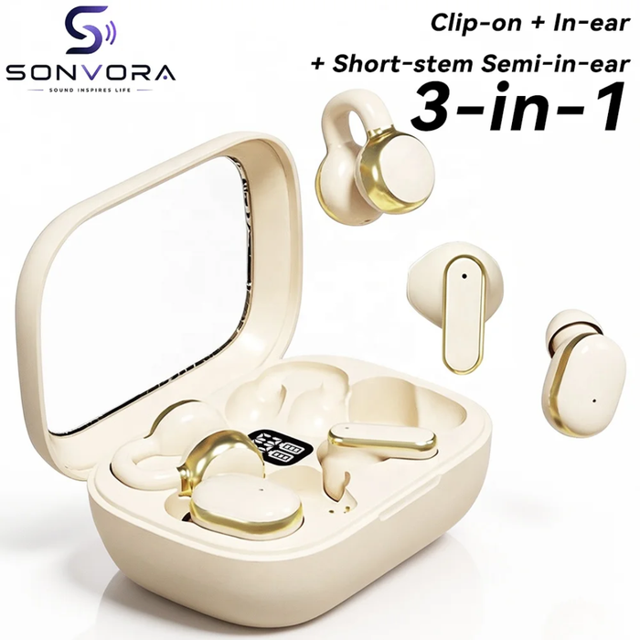 3-in-1 Wireless Bluetooth Earbuds – Clip-On, In-Ear & Semi-In-Ear سماعات أذن لاسلكية بلوتوث 3 في 1 – تصميم متعدد الاستخدامات